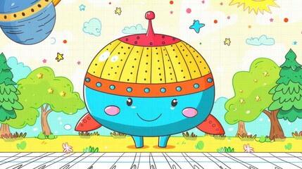  Cute cartoon outer space pattern, with colorful icons of aliens and stars scattered, lined in a white grid, reminiscent of a space adventure book