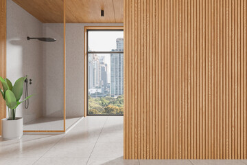 Fototapeta premium Wooden home bathroom interior with glass shower and window. Empty wall
