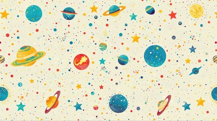  Cute cartoon outer space pattern, with colorful icons of aliens and stars scattered, lined in a white grid, reminiscent of a space adventure book