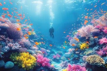 Obraz premium A vibrant underwater scene with colorful coral reefs, schools of fish, and a scuba diver exploring the marine life.