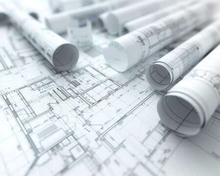 A conceptual 3D render depicting construction and design with detailed blueprints.