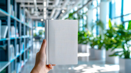 Hand holding a blank book cover mockeup in a library, perfect as wallpaper