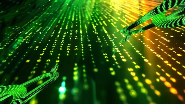 6 seconds of green yellow  computer binary code with green matrix chains coming out,  hd, video, 1920, 1080, animation, motion, graphics, financial, computer, technology, design, online,
