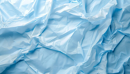 Fototapeta premium Crumpled light blue plastic bag as background, top view