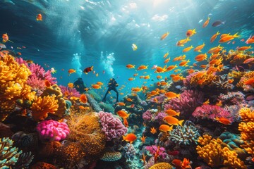 A vibrant underwater scene with colorful coral reefs, schools of fish, and a scuba diver exploring the marine life.