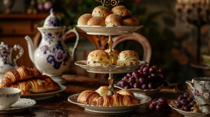 Vintage breakfast, on an oak table, cups of aromatic tea, crispy croissants, bunches of sweet grapes