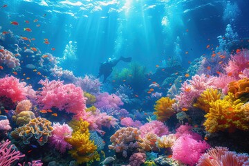Naklejka premium A vibrant underwater scene with colorful coral reefs, schools of fish, and a scuba diver exploring the marine life.