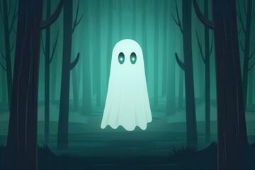 Flat design illustration of a ghostly figure floating through a dark forest, with glowing eyes and eerie shadows