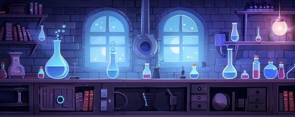 Fototapeta premium Flat design illustration of a spooky laboratory with bubbling potions, mysterious equipment, and eerie lighting
