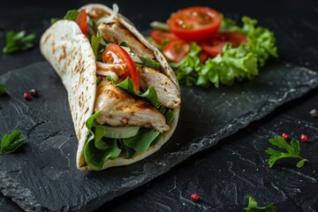 Delicious Grilled Chicken Wrap Isolated on a black slate background 