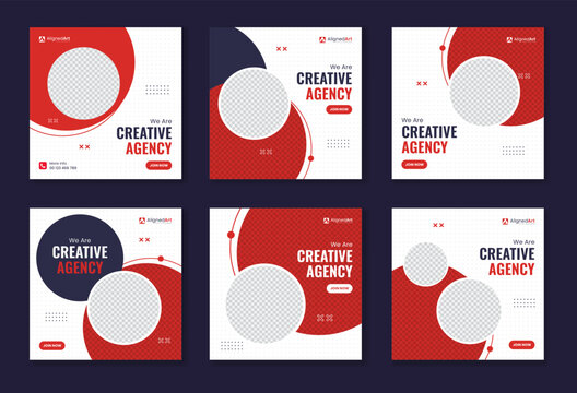 Creative round shape red corporate social media post bundle, circle element business template unique collection, set of digital marketing vector square advertisement