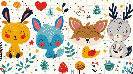  Cute cartoon woodland adventure pattern, with colorful icons of animals and trees scattered, lined in a white grid, reminiscent of a forest story.