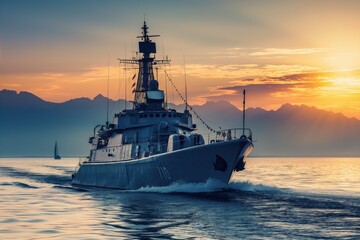 Obraz premium A photo of a modern military navy ship sailing in the sea, with a coastal city in the background, taken on a sunny day in the golden hour light. Military transport concept.