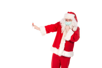 Funny Santa Claus is preparing dinner. White background.