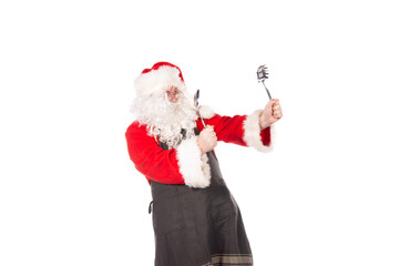 Funny Santa Claus is preparing dinner. White background.
