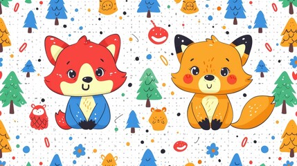  Cute cartoon woodland pattern, with colorful icons of forest animals and trees scattered, lined in a white grid, reminiscent of a nature walk