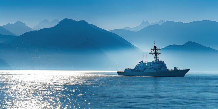 A photo of a modern military navy ship sailing in the sea, with a coastal city in the background, taken on a sunny day in the golden hour light. Military transport concept.