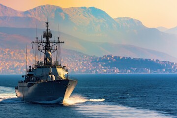A photo of a modern military navy ship sailing in the sea, with a coastal city in the background, taken on a sunny day in the golden hour light. Military transport concept.
