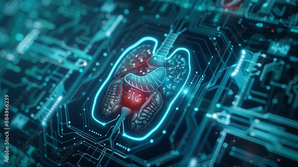 Poster human bladder organ in microchip processor circuit board with hud interface hologram: innovative hea