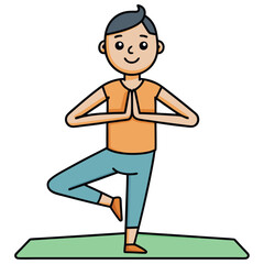 Fototapeta premium Happy little boy doing gymnastic fitness exercises practicing yoga pose on a green mat indoor at home