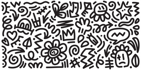 Doodle set of hand-drawn cartoony expression sign doodle, curve directional arrows, emoticon effects design elements, cartoon character emotion symbols, cute decorative brush stroke lines.