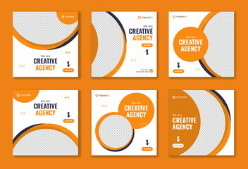 Creative round shape orange corporate social media post bundle, circle element business template unique collection, set of digital marketing vector square advertisement