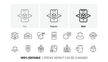 VR simulation, Panorama view, 360 degrees. Augmented reality line icons. Virtual reality gaming, augmented, full rotation arrows icons. Linear set. Line icons set. Vector