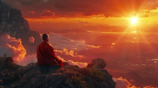 Video recreation of buddhist monk in a hill staring the sunset	
