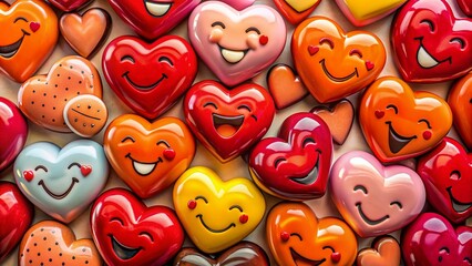 Obraz premium Vibrant ceramic hearts in red, pink, and orange, shaped like cheerful laughing emojis, arranged in a playful still life composition,