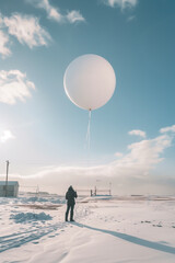 A meteorologist or technician is launching a weather balloon from a research site during winter under icy conditions.