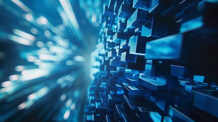 Blue geometric shape abstract technology background: modern digital design featuring intricate patterns and shapes representing innovation, futuristic concepts, and high-tech imagery


