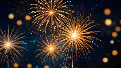 Vibrant fireworks display against a dark backdrop with blue and gold abstract design, creating a festive atmosphere on New Year's Eve
