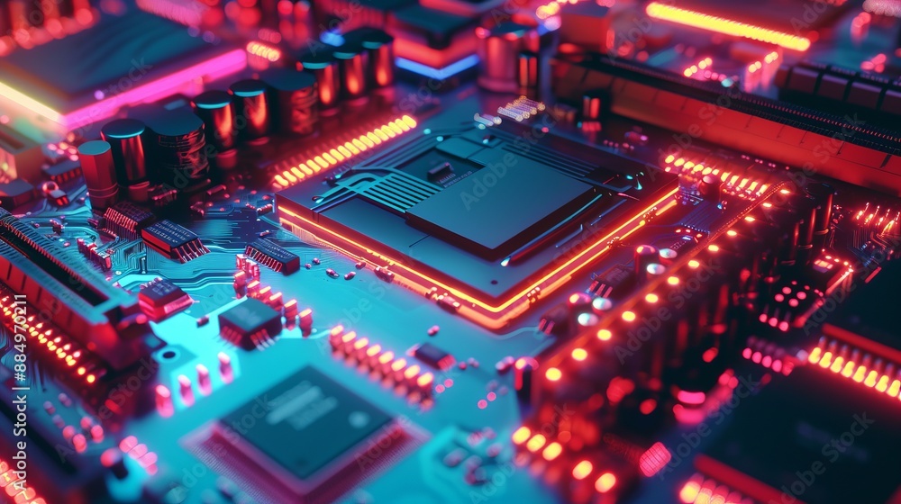 Poster intricate microchip circuitry with vibrant neon lights, highlighting computer interior technology in