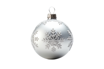 Silver christmas ball decoration isolated on transparent background, PNG format for holiday design projects, festive ornaments, and seasonal celebration graphics