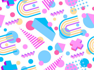 Geometric seamless pattern in 80s style. Colorful geometric pattern with isometric geometric 3D shapes. Design of promotional products, wrapping paper and printing. Vector illustration