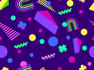 Geometric seamless pattern in 80s style. Colorful geometric pattern with isometric geometric 3D shapes. Design of promotional products, wrapping paper and printing. Vector illustration