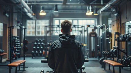 Obraz premium Back view of a man in a gym wearing a hoodie, preparing for a workout session amidst various fitness equipment, creating a motivational fitness atmosphere.