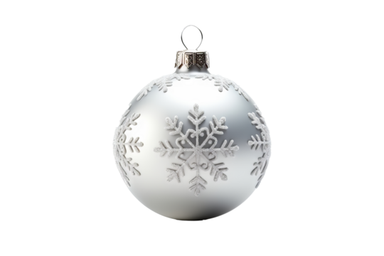 Silver christmas ball decoration isolated on transparent background, PNG format for holiday design projects, festive ornaments, and seasonal celebration graphics