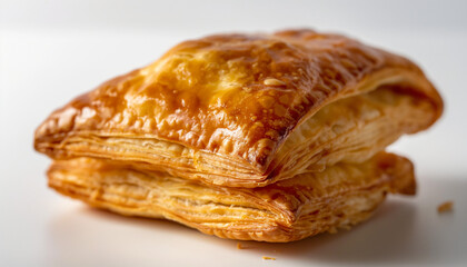 a classic French Chausson aux Pommes, featuring a golden, flaky pastry filled with spiced apple compote, set against a clean white background