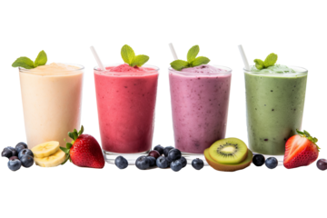 Colorful assorted fruit smoothies PNG with transparent background for food and beverage design projects and digital artworks