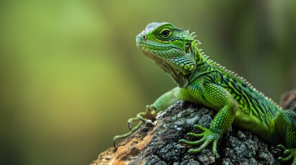 Fototapeta premium Powerful Adult Green Lizard Basking in Warm Sunlight with Detailed Scales and Claws