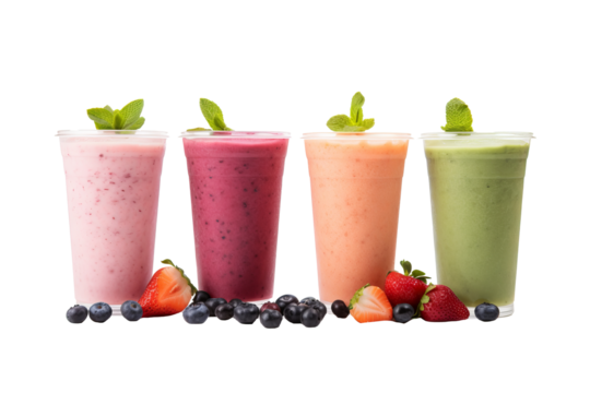 Colorful assorted fruit smoothies PNG with transparent background for food and beverage design projects and digital artworks
