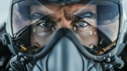 Close-up of air force pilot's face, oxygen mask, reflecting the controls of a fighter plane, intense eyes, high altitude background