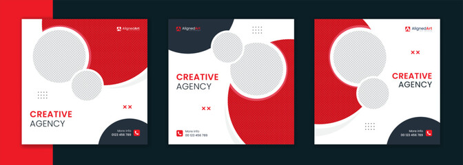 Creative round shape red corporate social media post bundle, circle element business template unique collection, set of digital marketing vector square advertisement