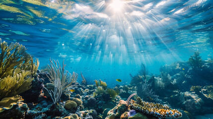 Obraz premium Bright sunlight reflects on the water, revealing a clear view of the underwater world in the Bahamas.