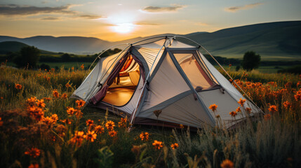 A backpacking tent in a field. Created with generative AI