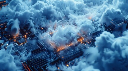 Futuristic technology concept featuring cloud networking, artificial intelligence, and cyber security elements: high-tech circuit board, firewall network security, and camera integration illustrating 