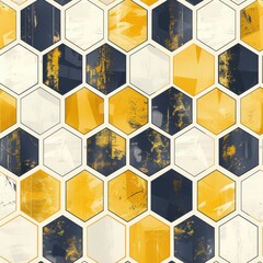 Geometric hexagonal pattern with yellow, navy, and white colors. Ideal for backgrounds, wallpapers, and modern design projects. seamless pattern,