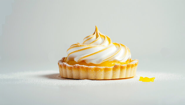 a classic French tarte aux citrons, featuring a buttery pastry crust filled with tangy lemon curd and topped with a delicate meringue, set against a clean white background