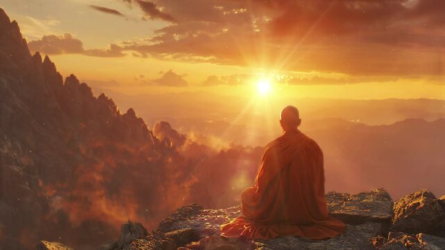 Video recreation of buddhist monk meditating in a mount at sunset	
